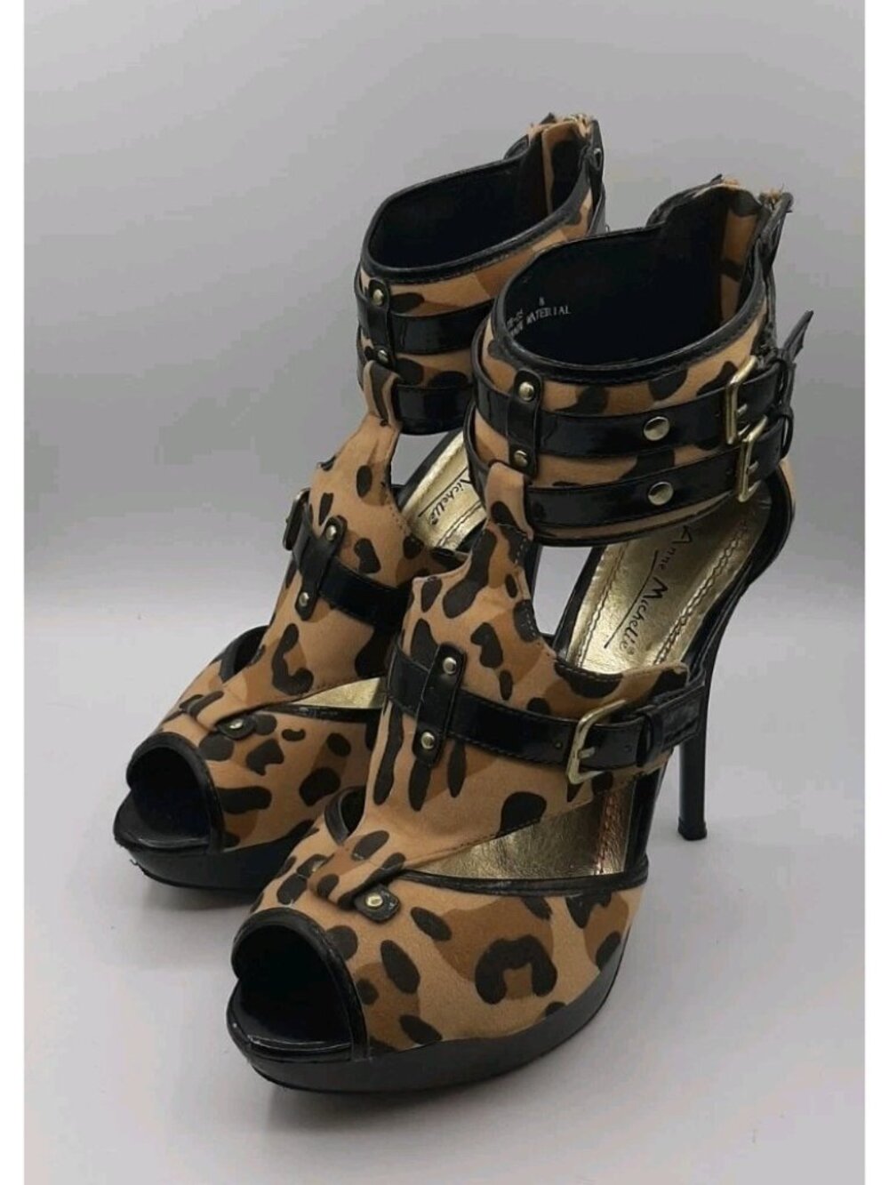 Nightclub Sexy Leopard Print Anne Michelle Peep Toe Buckle Stiletto Shoes Size 8